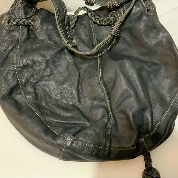 Fossil Black Leather Bucket Bag Braided Drawstring Shoulder Strap white stitches - Picture 7 of 16